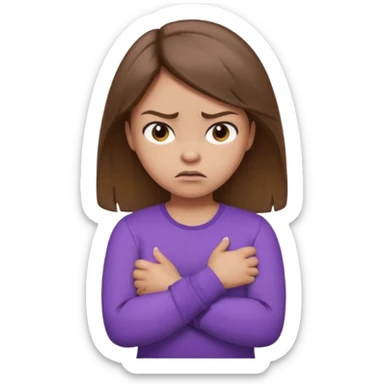Girl with brown hair crossing arms in front of her chest and making an angry face with a purple longsleeve shirt on and be more pouty make her skin lighter sticker