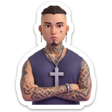 tough gangster with teardrop and cross tattoos on face, wearing streetwear, confident pose sticker