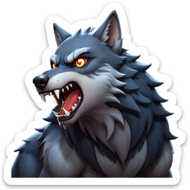 cinematic-noble-fierce-werewolf-howling-portrait-emoji, poised-and-imposing, with a fierce wolfish face tilted upwards in a haunting howl, glowing eyes full of primal ferocity, sharp, and a rugged snout, fur rippling in shades of midnight black and silver, muscles tensed as the powerful howl echoes beneath the moonlit sky; rendered with realism, capturing the raw, untamed power of the beast in its wild, primal state sticker