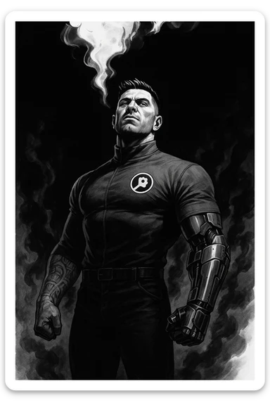 Cinematic Black and white comic book panel of an extremely muscular Italian man with cybernetic implants standing in the dark, surrounded by smoke. He is wearing a long-sleeved shirt with a high collar, and his chest is sculpted. sticker