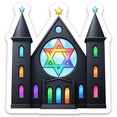 jewish synagogue temple in dark goth aesthetic style with black building and very light rainbow tint glass windows and star of david and celestial symbolism sticker