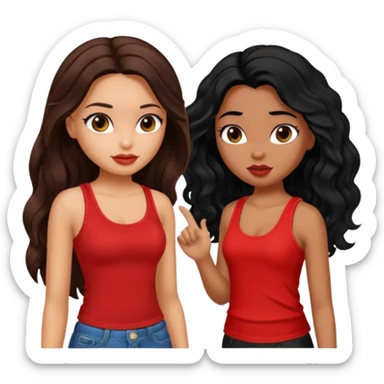 generate a pretty tan bratz girl with brown wavy hair long wearing a red tank top. talking to a girl with black hair wearing black sticker