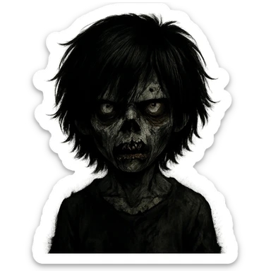 boy zombie with black medium-long emo shaggy hair, dark and spooky, creepy expression sticker
