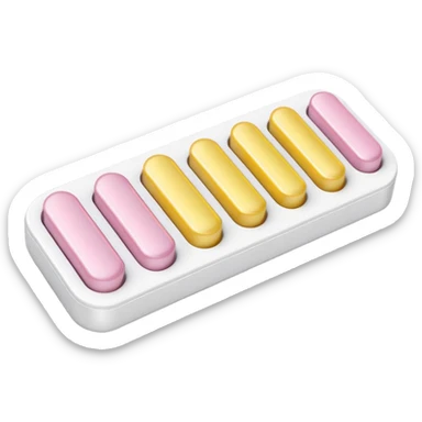 single blister strip or a pair of small tablets or capsules in muted tones (white, pale yellow, or light pink), clean clinical shape, smooth finish, pills placed simply, no branding or packaging details, soft lighting, subtle shadows, emoji scale sticker