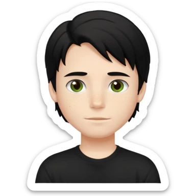 A beautiful boy with black hair and hazel green and brown eyes and white skin , with dark freckles and black t shirt with HAIRCUT: middle part hair hair with a center part haircut long  sticker