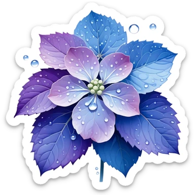 Japanese style hydrangea (ajisai) flower in ukiyo-e inspired design, delicate blue-purple gradient, elegant composition with raindrops, traditional Japanese aesthetic sticker