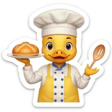 A duck in chef hat presenting a plate of fancy cuisine proudly wearing yellow apron sticker