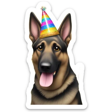 Blonde and black German shepherd with a party hat and a sign that says Happy Birthday To Me sticker