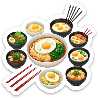 Korean food set including noodles, egg, greens, and side dishes, clean and simple sticker