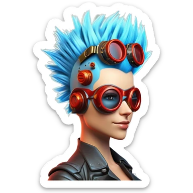 Light blue Mohawk hair female cyborg head with red steampunk goggles and circuits sticker