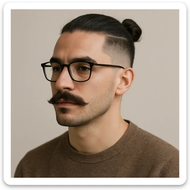guy with a moustache and a man bun, low taper fade haircut, wearing glasses, neutral background sticker