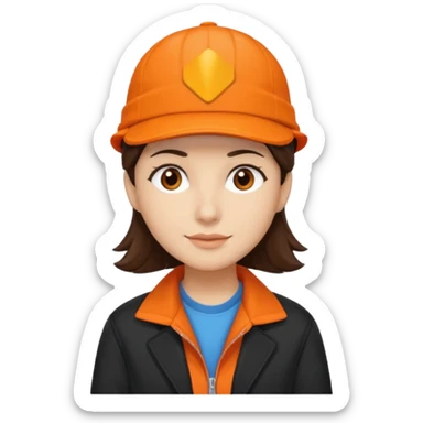 Kindly Keyin with dark brown hair, orange cap and shirt, black jacket sticker
