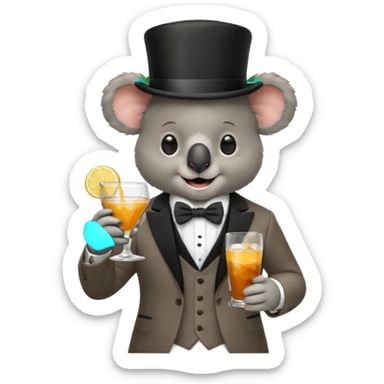 koala wearing suit, bowtie and top hat, holding glass of drink sticker