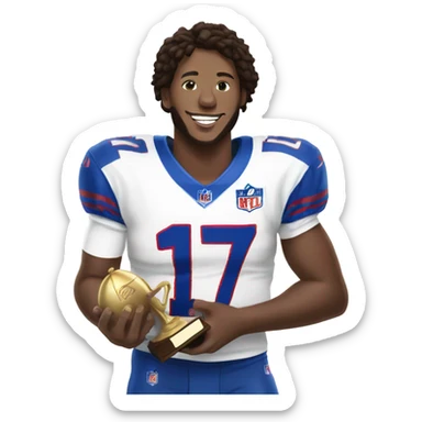 Josh Allen in jersey number 17, holding a trophy sticker