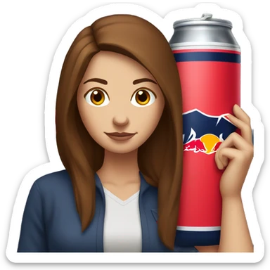 White woman with long brown hair at computer holding Red Bull sticker