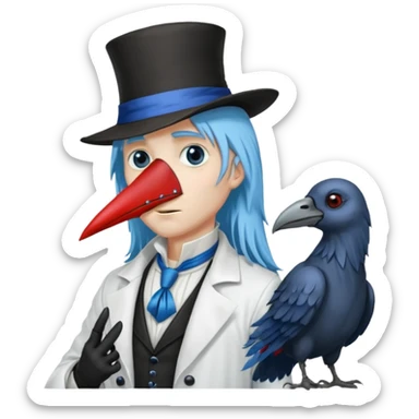 Plague Doctor with light-blue beautiful hair, handsome sexy, long hair tendril bangs down on the sides, white lab coat, blue cravat, black feathers on shoulder, raven companion, black gloves, red eyes sticker