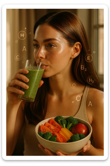 A highly realistic, cinematic portrait of a young woman in her late 20s with glowing, clear, healthy skin and a vibrant scalp with strong, shiny hair, symbolizing internal health reflecting outward. She has a calm, confident expression while sitting by a window with warm daylight softly illuminating her face, highlighting smooth, hydrated skin with a natural glow. Her hair appears clean, full, and strong, indicating a healthy scalp and balanced sebum production. She is drinking a glass of green smoothie rich in antioxidants and holding a bowl of colorful fruits and vegetables, symbolizing how internal nutrition supports skin and scalp health. Subtle, softly glowing overlays of molecular symbols for vitamins, minerals, and hydration molecules gently swirl around her, visually representing the concept of beauty and skin health from the inside out. Style: 35mm hyperrealistic film look, warm tones, soft depth of field, focusing on clear skin texture, healthy scalp, and vibrant hair to inspire holistic wellness sticker