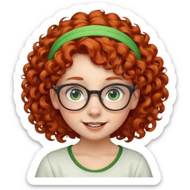 redhead kid with unique face features and very curly hair kid girl happy and big glassess and big nose and very green eyes and headband sticker