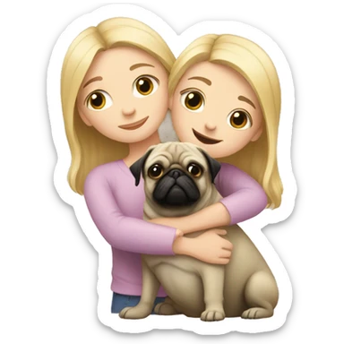 girl with blond hair hugs a pug sticker