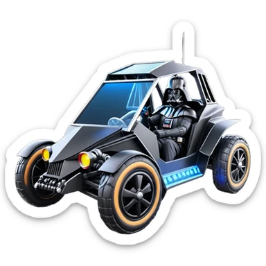 Mad max survival apocalypse ghostly sporty Darth Vader’s Batman-armored 1876 black graphite colored town buggy with horizontal holographic 3d stars painted on the body sides and neon under glow  sticker