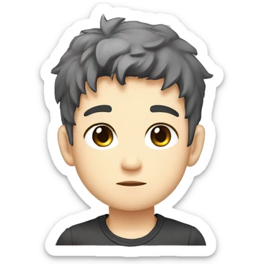 logo illustrated boy  bored face, chibi anime style, head and shoulders only, light brown eyes, short black and gray hair, dark gray polo shirt sticker