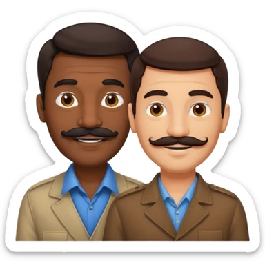 Gay couple. Tall dark indian man with mustache and shorter white man with dark brown hair. sticker