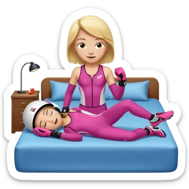 ten-year-old girl in a racing suit, racing shoes and racing gloves with no helmet, unzipped, revealing a sports bra, sleeping on a bed happily, flat-chested and prepubescent sticker