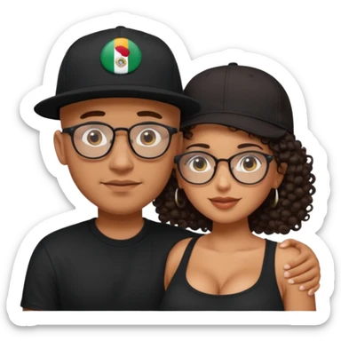 A picture of an embracing tanned couple. the man is a Mexican man with tanned skin, with a bald hair cut wearing a SnapBack hat and a black shirt. the woman is mixed, she has curly longer dark brown hair, thicker and with big boobs and she has glasses sticker