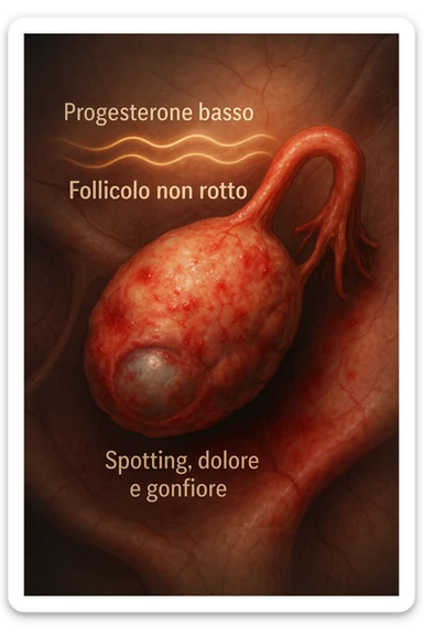 realistic and cinematic illustration of an ovary with an unruptured follicle, low progesterone, hormonal fluctuations, symptoms of spotting, pain and swelling, clinical details, captions in Italian sticker