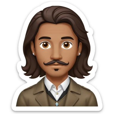 Young man with medium brown skin, mixed-race ethnicity, long wavy dark brown hair with an EXTREMELY PRECISE CENTER PART exactly aligned with the middle of the face, hair parted perfectly symmetrically on both sides, mustache separated from goatee, medium brown eyes, small diamond stud earrings, head only sticker