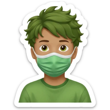A teenage boy, tanned, wearing a green t-shirt , blue jeans and green sneakers with brown wavy tousled hair, , wearing a green cloth face mask sticker