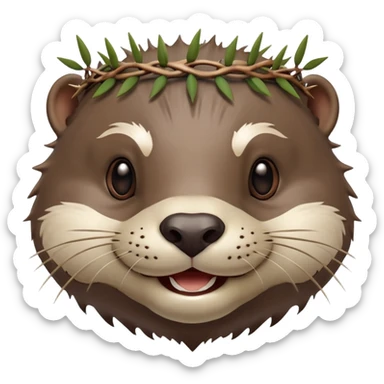 really cute smiling joyful otter face in three-quarter profile view with simple thorny stem wrapped horizontally around its forehead like Jesus Christ's Crown of thorns, no crown shape on top, just thin spiky branches circling the forehead sticker