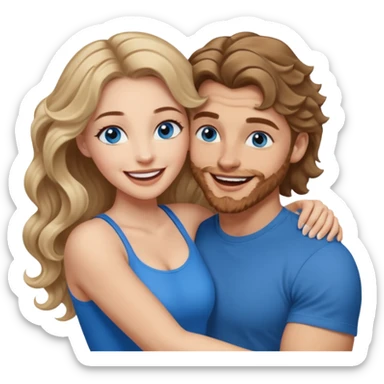 Women with blue eyes and very long, brown blond balayage curled hair in the arms of a man with strong arms a straight face, a very sexy man blue eyes. They are laughing at each other. He has short brown hair and is light skinned  sticker