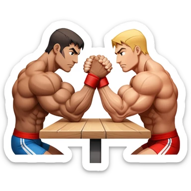 Two powerful arms locked in an intense arm wrestling competition. One arm is strong and steady, while the other strains to push back. The background shows a simple table with a focus on the clash of strength and determination. Transparent background. sticker