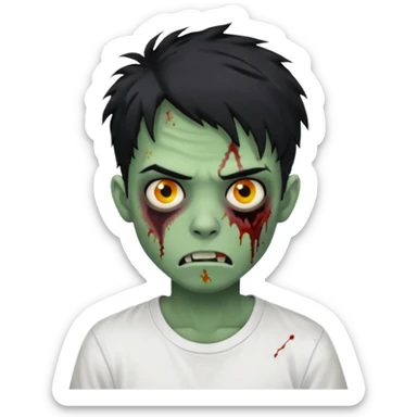 Rosto de frente classico de zombie boca meio torta cabelos medios grandes pretos bagunçados low fade com pele verde clara camiseta branca sem nenhum sangue no rosto e com cabelo bem adolescente e bagunçado sticker