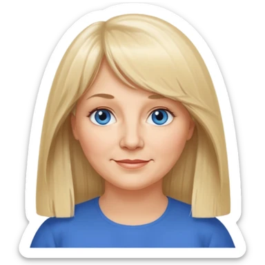 50 yr old white woman, curtain bangs, very long straight blond hair, oval face, small smile, blue eyes, slightly chubby face sticker