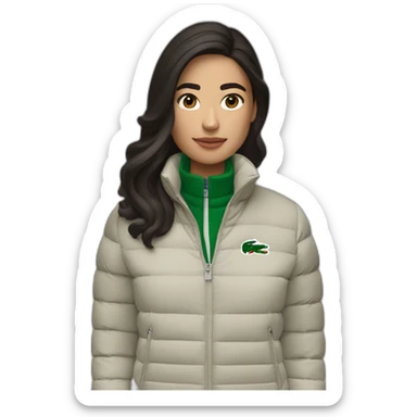 brunette latina woman using Lacoste puffer jacket sticker