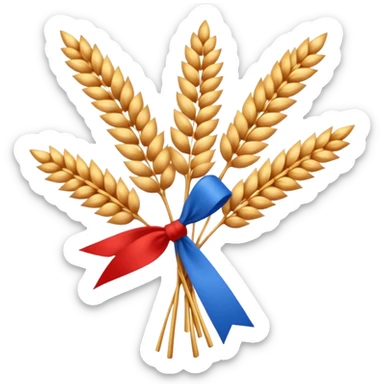 Create a clean, friendly emoji-style illustration of a Didukh, the traditional Ukrainian Christmas sheaf made of golden wheat.
The Didukh should look warm and festive, with neatly tied wheat stalks, a simple red-and-blue ribbon, and small decorative dried flowers.

 sticker