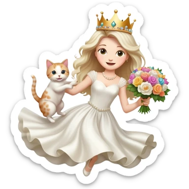 White woman - long hair - white wedding dress - holding a kitten - happy - jumping - stylish - elegant - bouquet - dreamy - colorful - wearing a crown - pearl accessories sticker