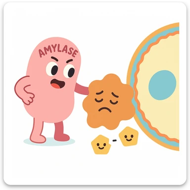 Ultra-detailed illustration of enzyme digestion: amylase breaking starch into sugars near a cell membrane. Clean white background, no text. Scientific but simple sticker