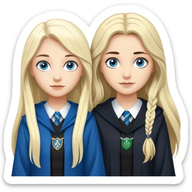 a pretty ravenclaw girl with long dark brown hair and blue eyes standing with a pretty Slytherin girl with long blonde hair, blue eyes sticker