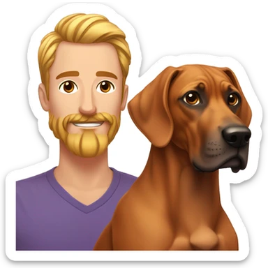 white man with long rainbow colored hair and twisted mustache next to a brown rhodesian ridgeback sticker