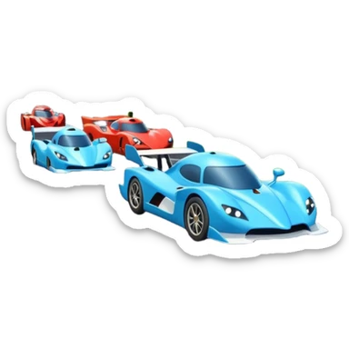 A busy highway with cute fast-moving racing cars with active aero canards surrounded by green fields and distant mountains under a bright blue sky sticker