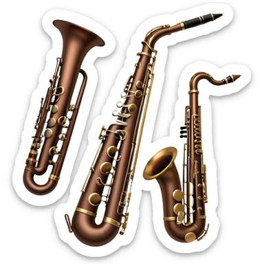 Create a refined and artistic emoji that represents wind instruments. The design should feature a collection of unique wind instruments, such as a bassoon, oboe, or French horn, arranged elegantly. Add elements like musical notes to symbolize the harmony and beauty of these instruments. Use colors like bronze, silver, and dark wood tones to reflect the classic nature of the instruments. The background should be transparent. sticker