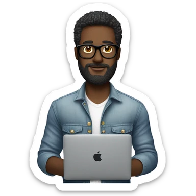 Emoji man with beard with macbook in hands in versace glasses and in shirt, profession - graphic designer sticker