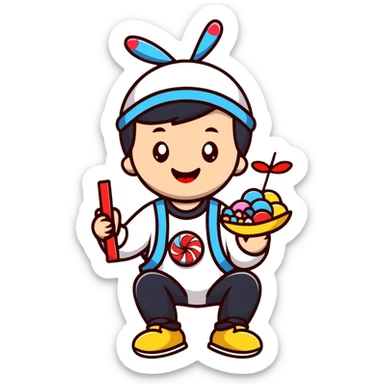 happy kid with helicopter hat eating candy sticker