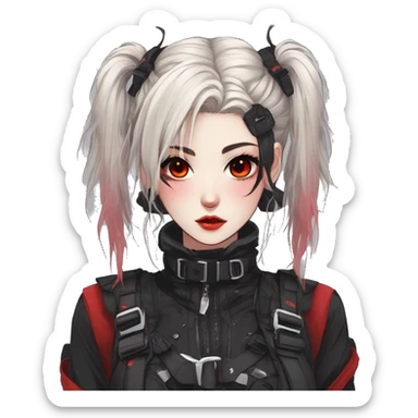 Gorgeous gothic techwear anime style lady with blushing face aesthetic and pretty edgy black red punk messy wild cute hair with collar and harness trending style sticker
