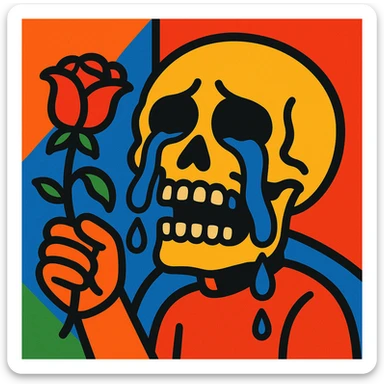 a skull crying with big streams of tears while holding a wilted rose, visually striking style, vibrant toon style sticker