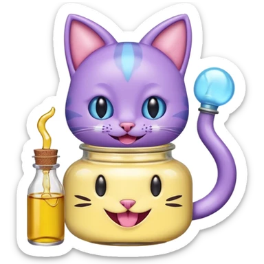 Smiling bottle of oil light purple top and light blue sticking tongue out and with cat ears sticker