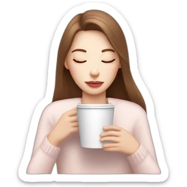 woman with pale skin and brown long thin hair wearing a white woolly shirt drinking coffee from a light pink takeaway cup eyes closed sticker